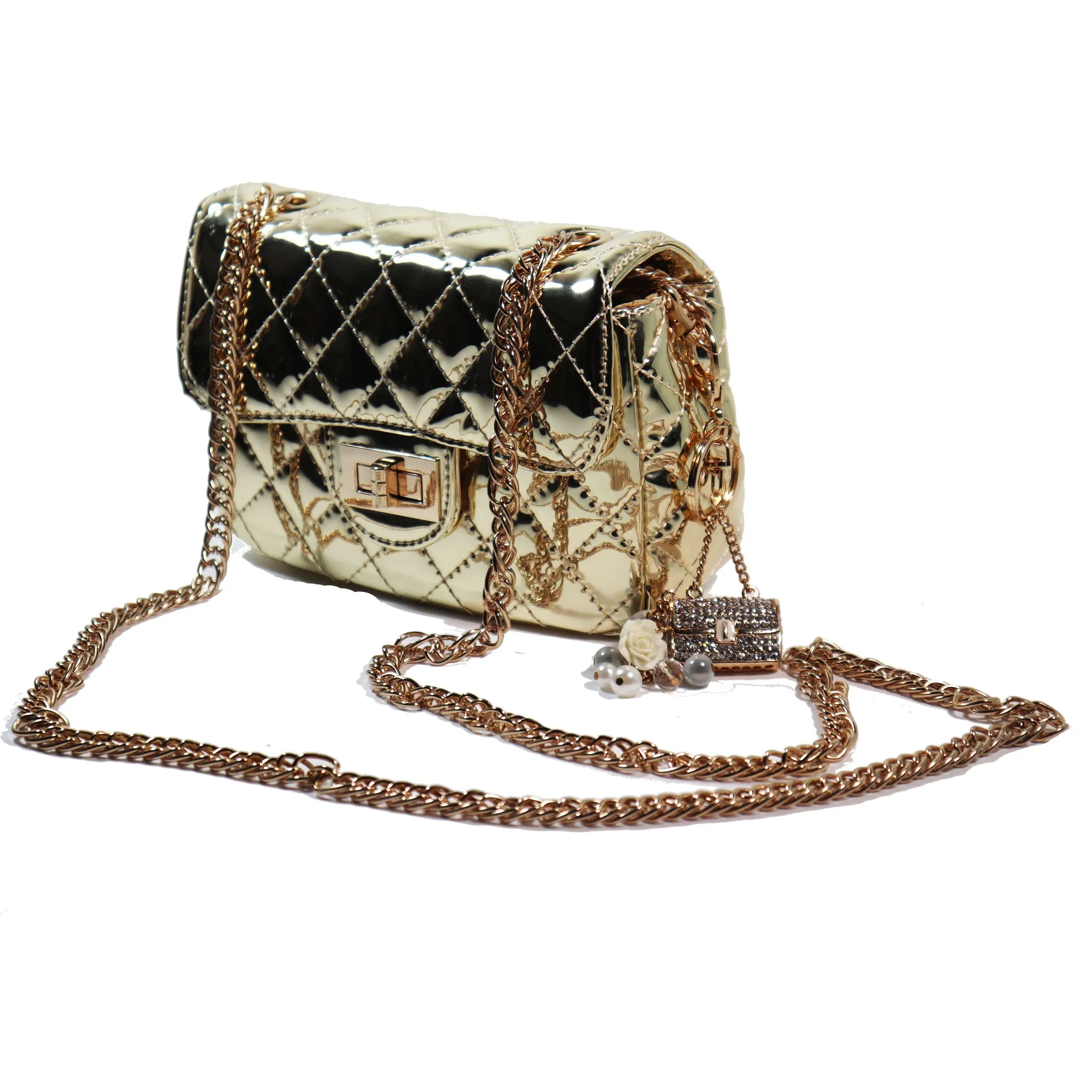 Gold Crossbody Quilted Purse with Keychain