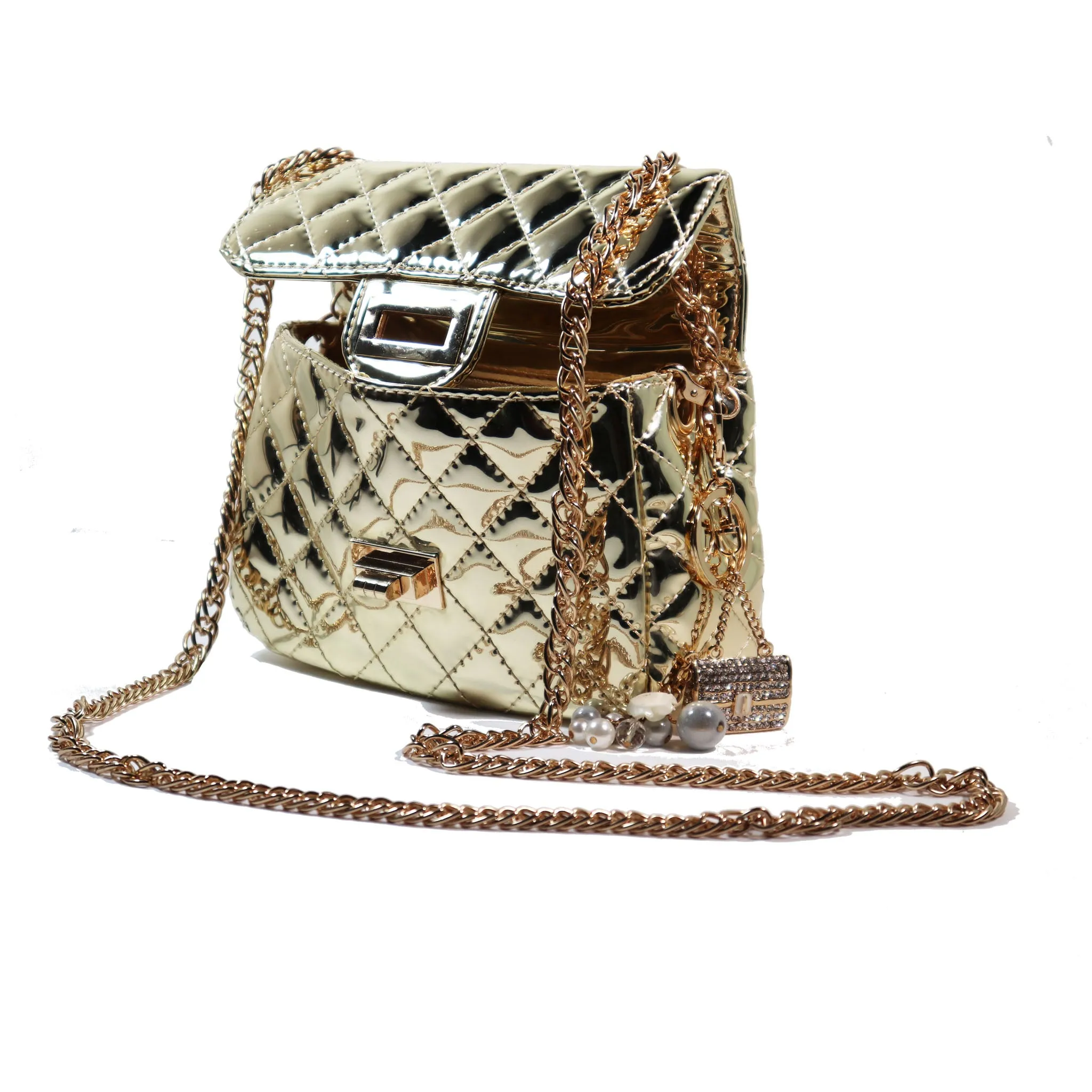 Gold Crossbody Quilted Purse with Keychain