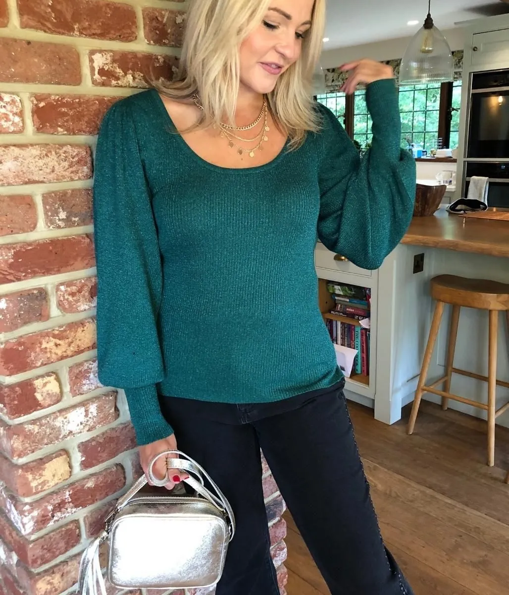 Green Sparkle Metallic Scoop Neck Jumper