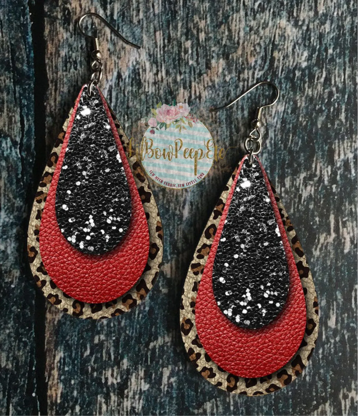 Hardboard Earrings 3 layer Red leather Black Glitter Leopard