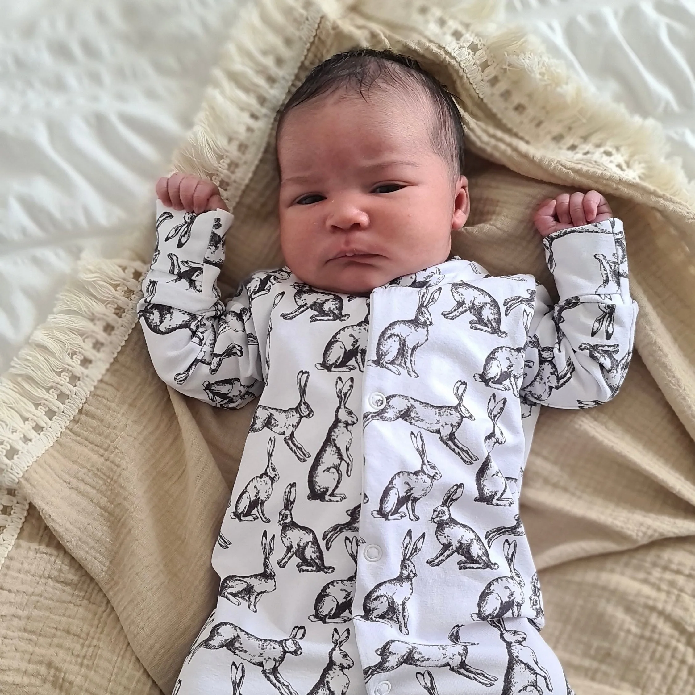 Hare print cotton sleepsuit