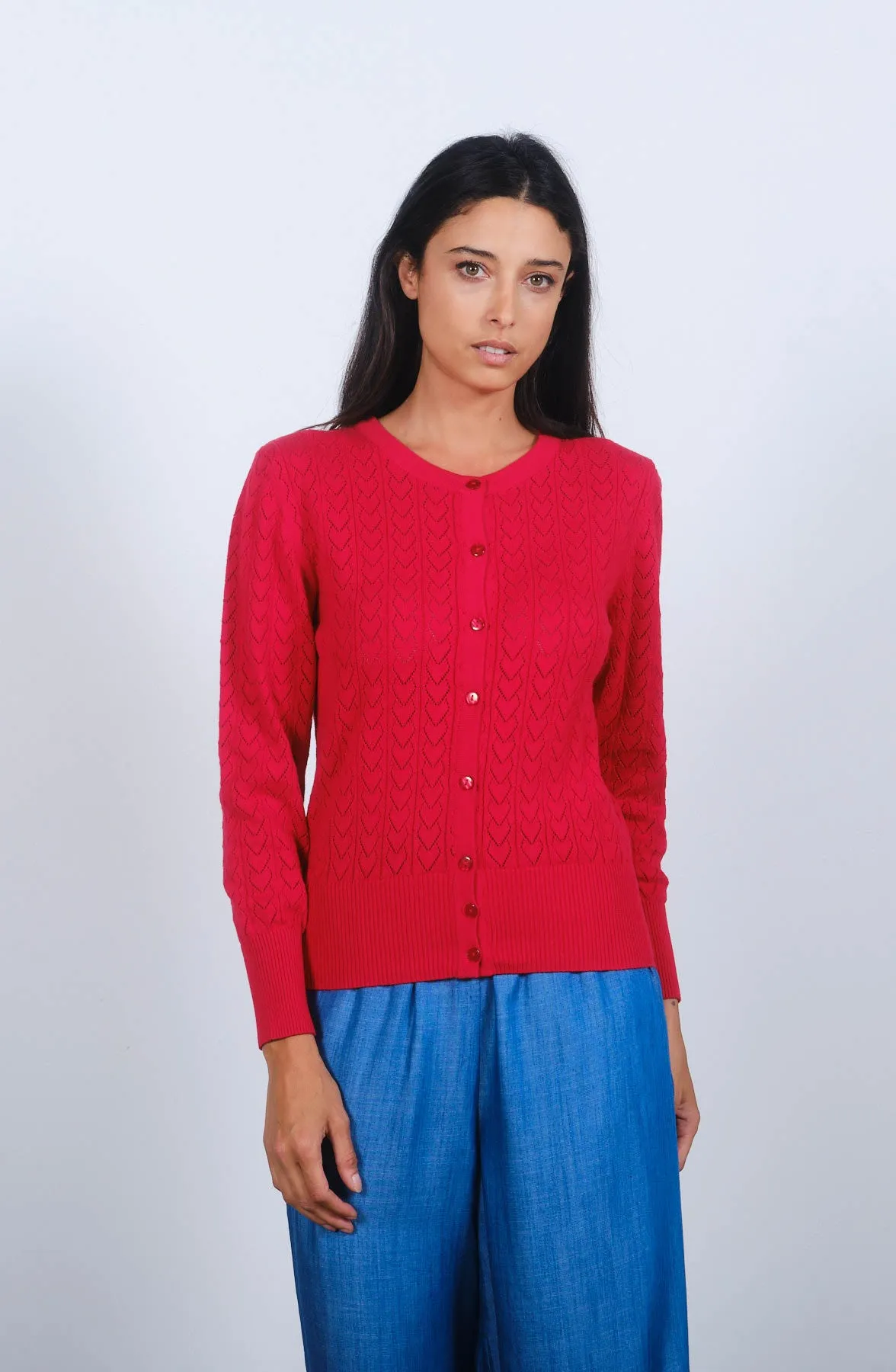 Heart Pointelle Cardigan in Toreador Red