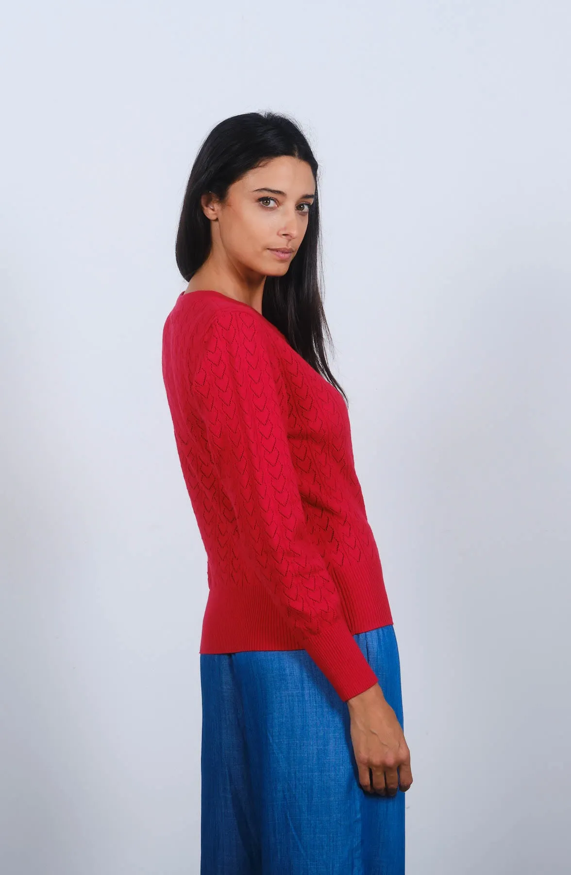 Heart Pointelle Cardigan in Toreador Red