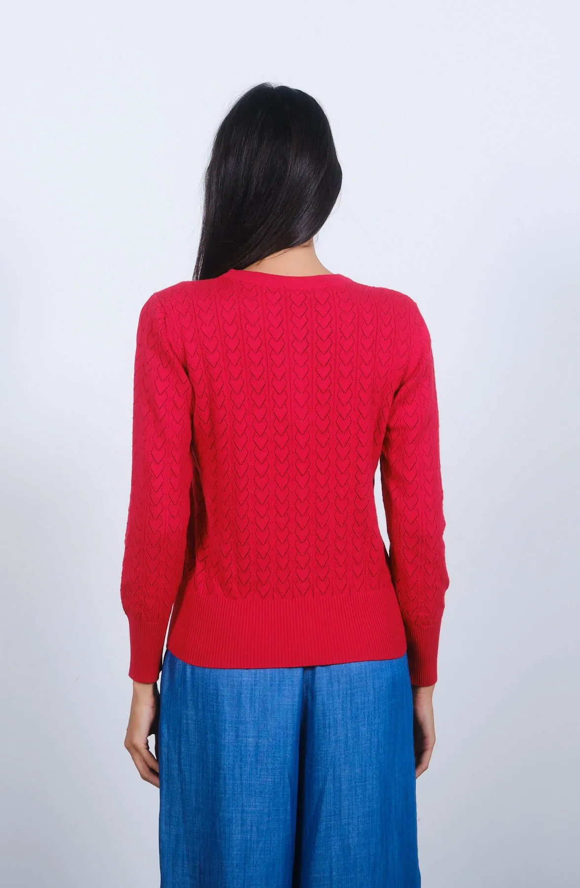 Heart Pointelle Cardigan in Toreador Red