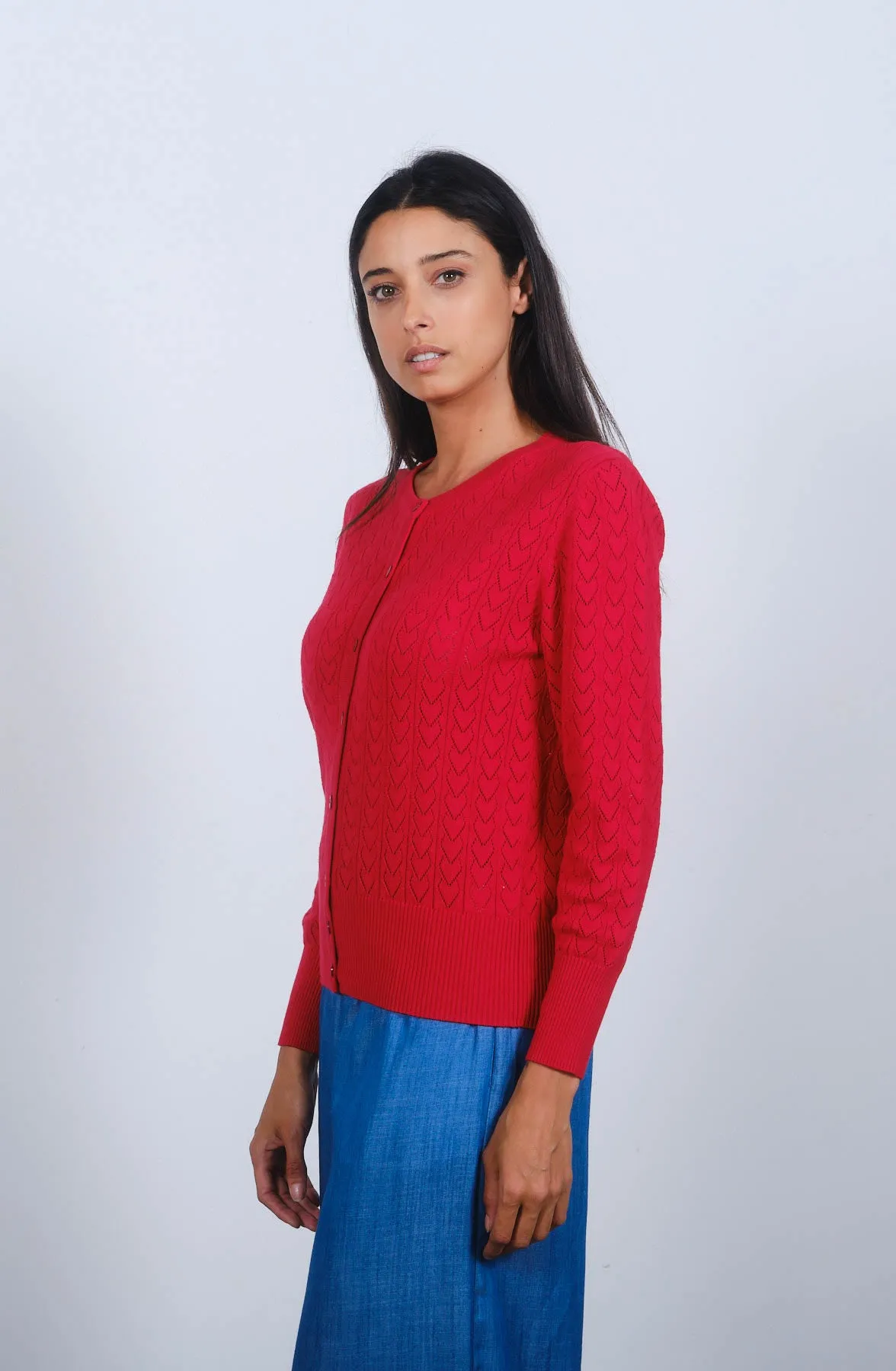 Heart Pointelle Cardigan in Toreador Red