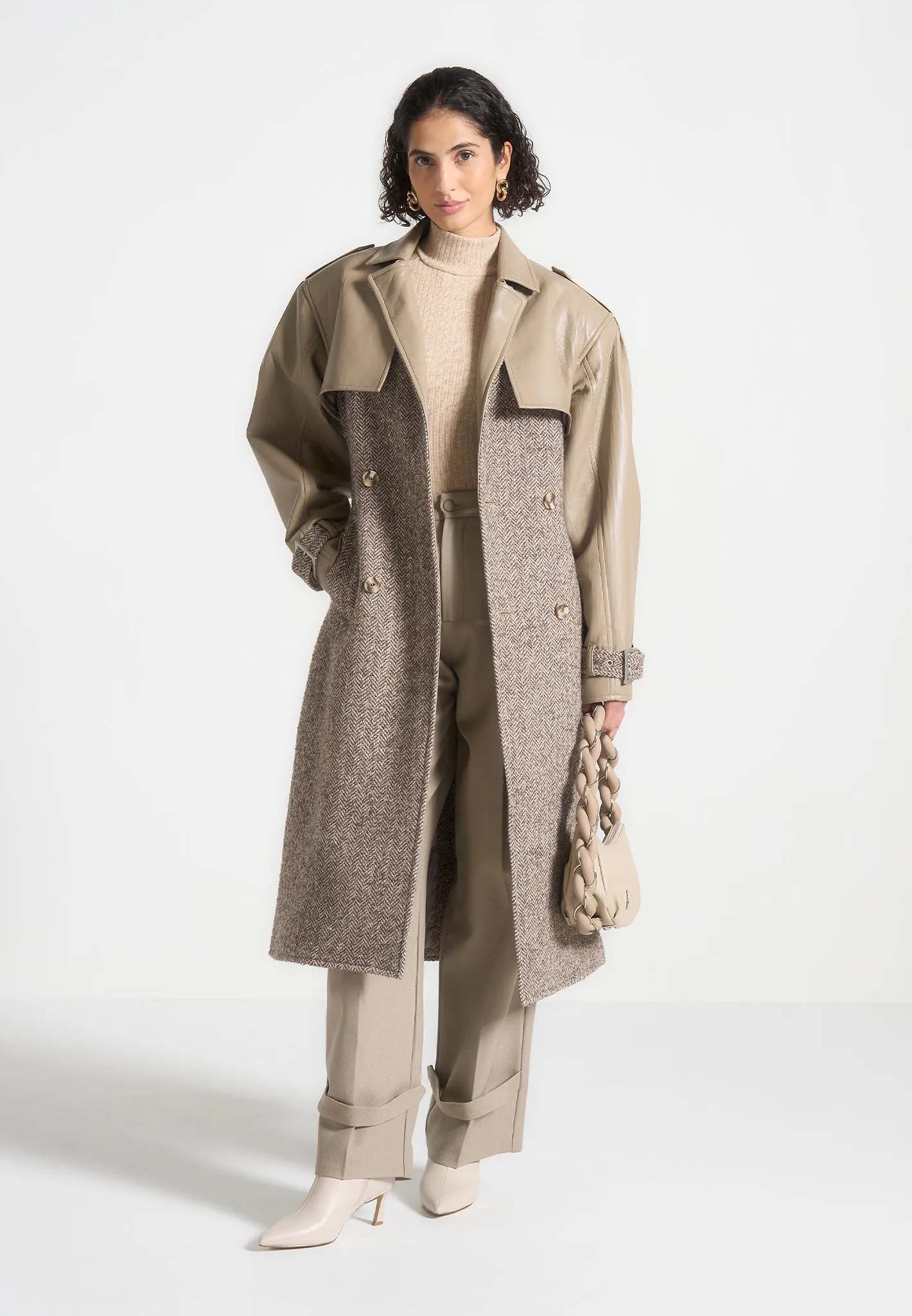 Herringbone & Leather Trench Coat - Taupe