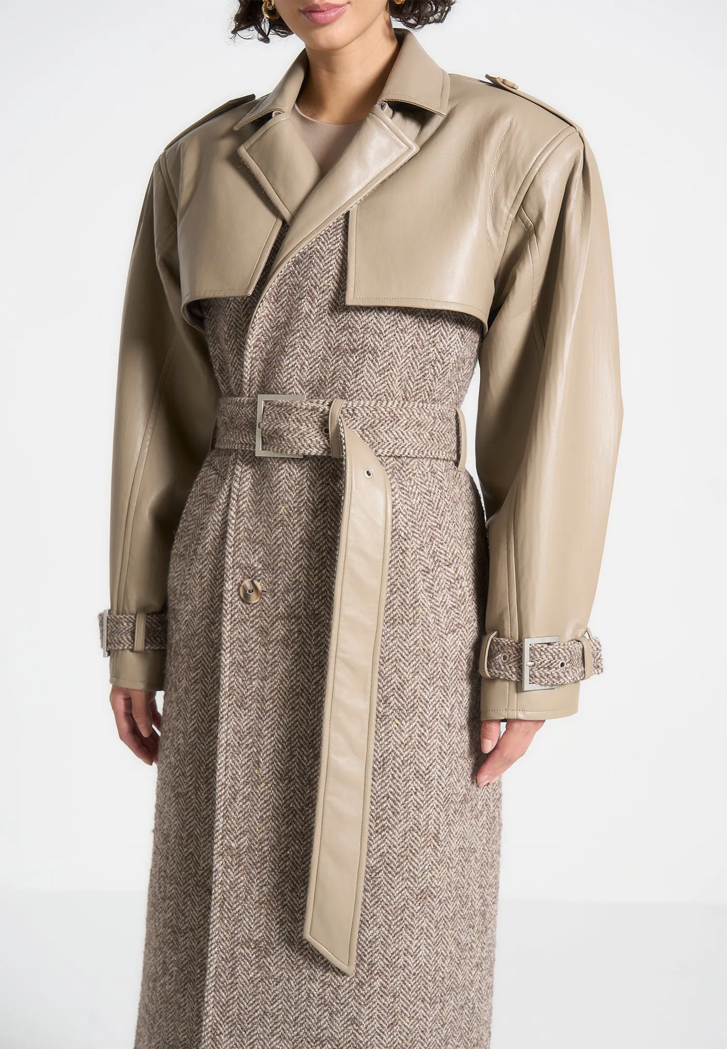 Herringbone & Leather Trench Coat - Taupe