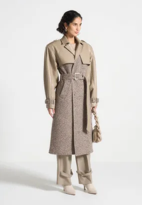 Herringbone & Leather Trench Coat - Taupe