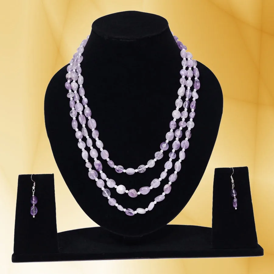 Imeora Tripple Line Light Amethyst Necklace Set With 4mm Beads With Earrings