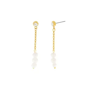 Joy Waterproof Long Post Chain Pearl & CZ Earring 18K Gold Plating