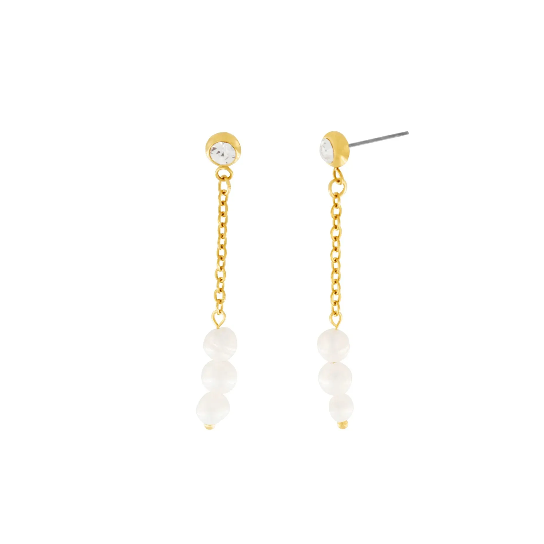 Joy Waterproof Long Post Chain Pearl & CZ Earring 18K Gold Plating