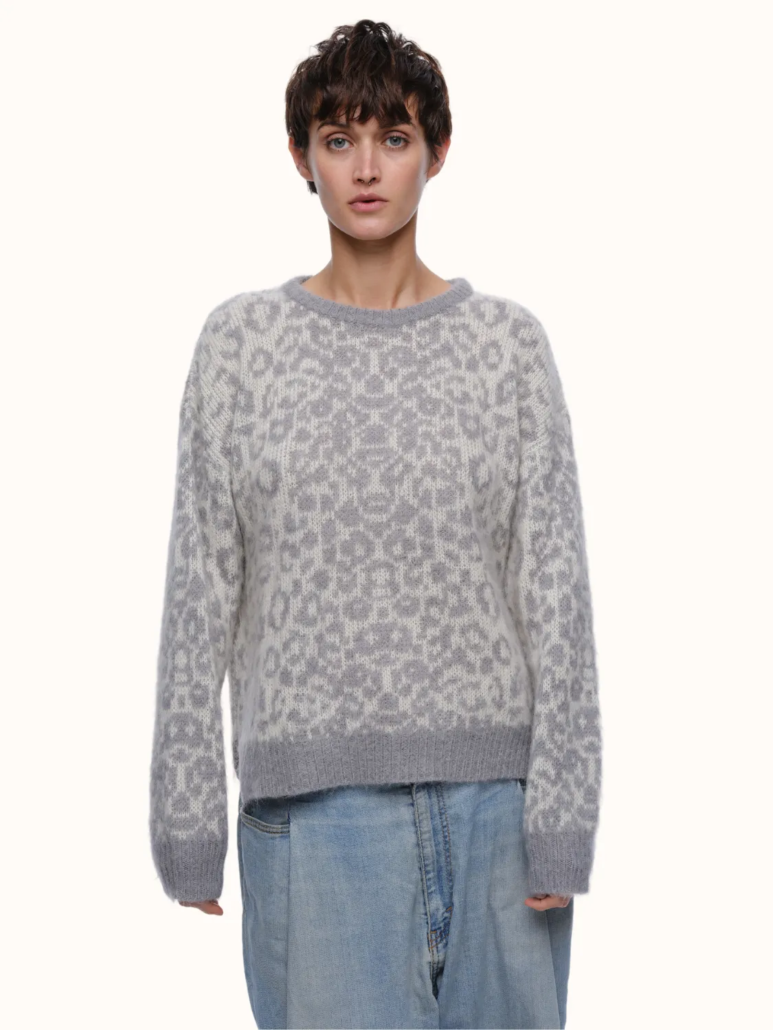 Kimry Leopard Crewneck in Brushed Recycled Cashmere & Mohair