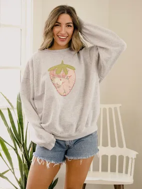 Large Strawberry Quilted Applique Gray Thrifted Sweatshirt