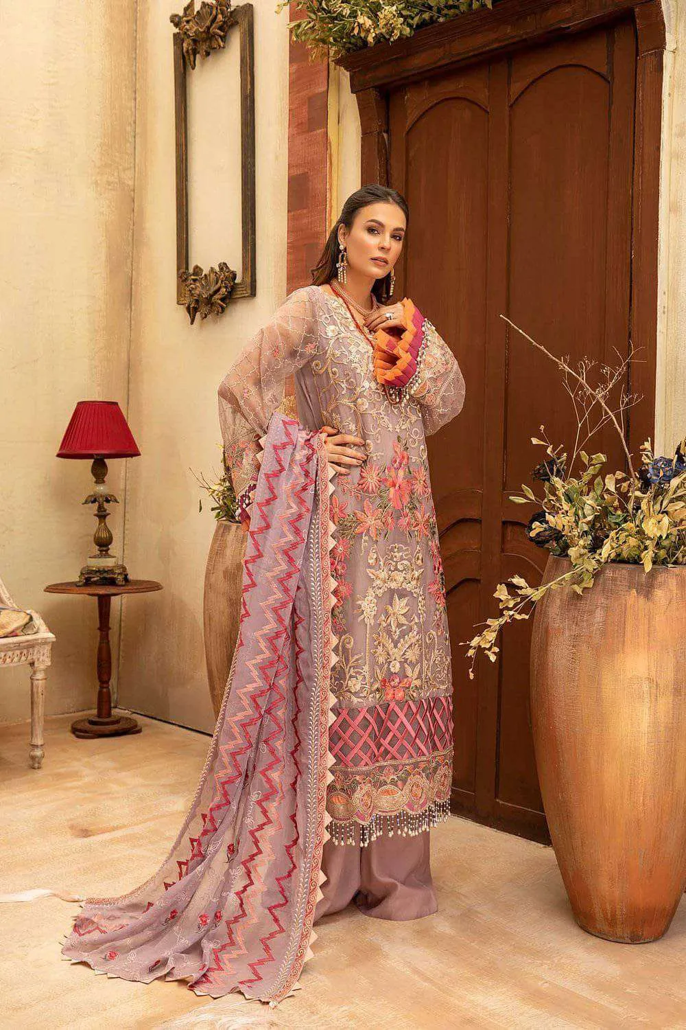 Lavender Long Embroidered Party Wear Style Suit