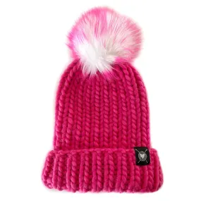 Merino Folded Brim Faux Fur Pom-Pom Beanie in Magenta