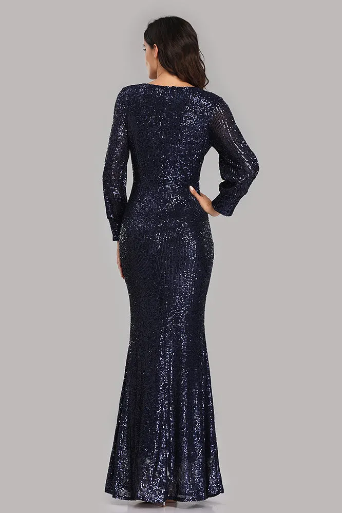 Mermaid Long Split Sleeve Sequined Trumpet Prom Evening Dress E90814