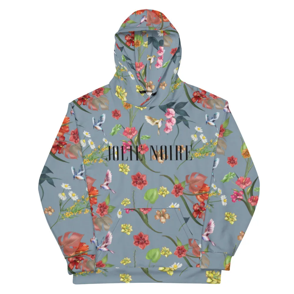 Noire Floral Hoodie- Pigeon Blue