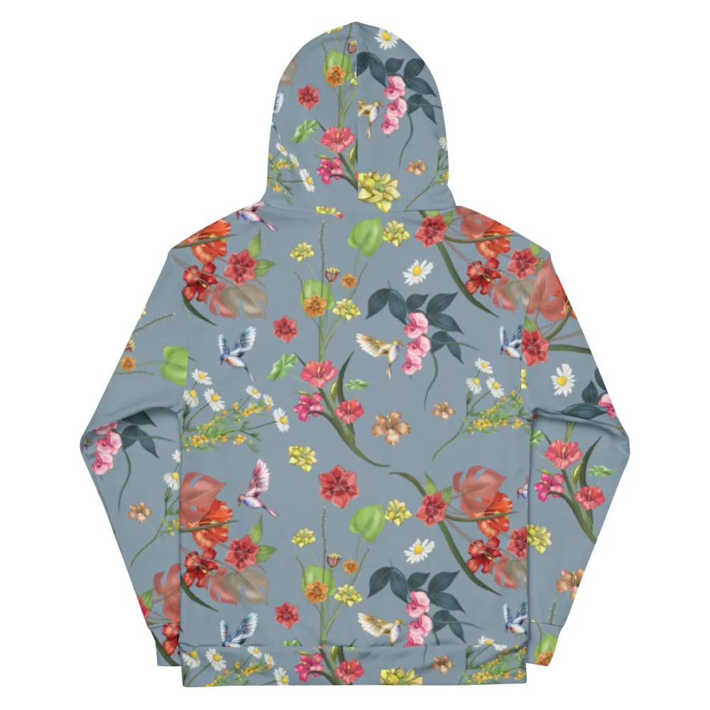 Noire Floral Hoodie- Pigeon Blue