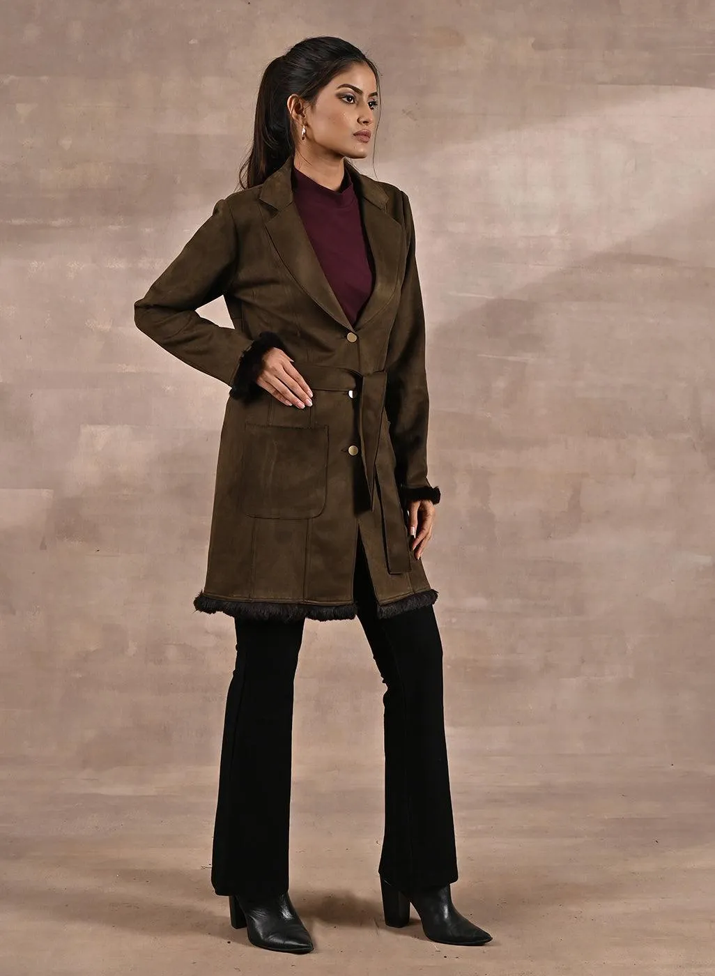 Olive Long Belted Trench Coat with Fur Detailing