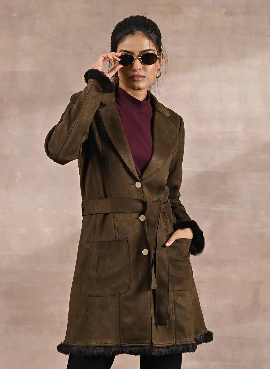 Olive Long Belted Trench Coat with Fur Detailing