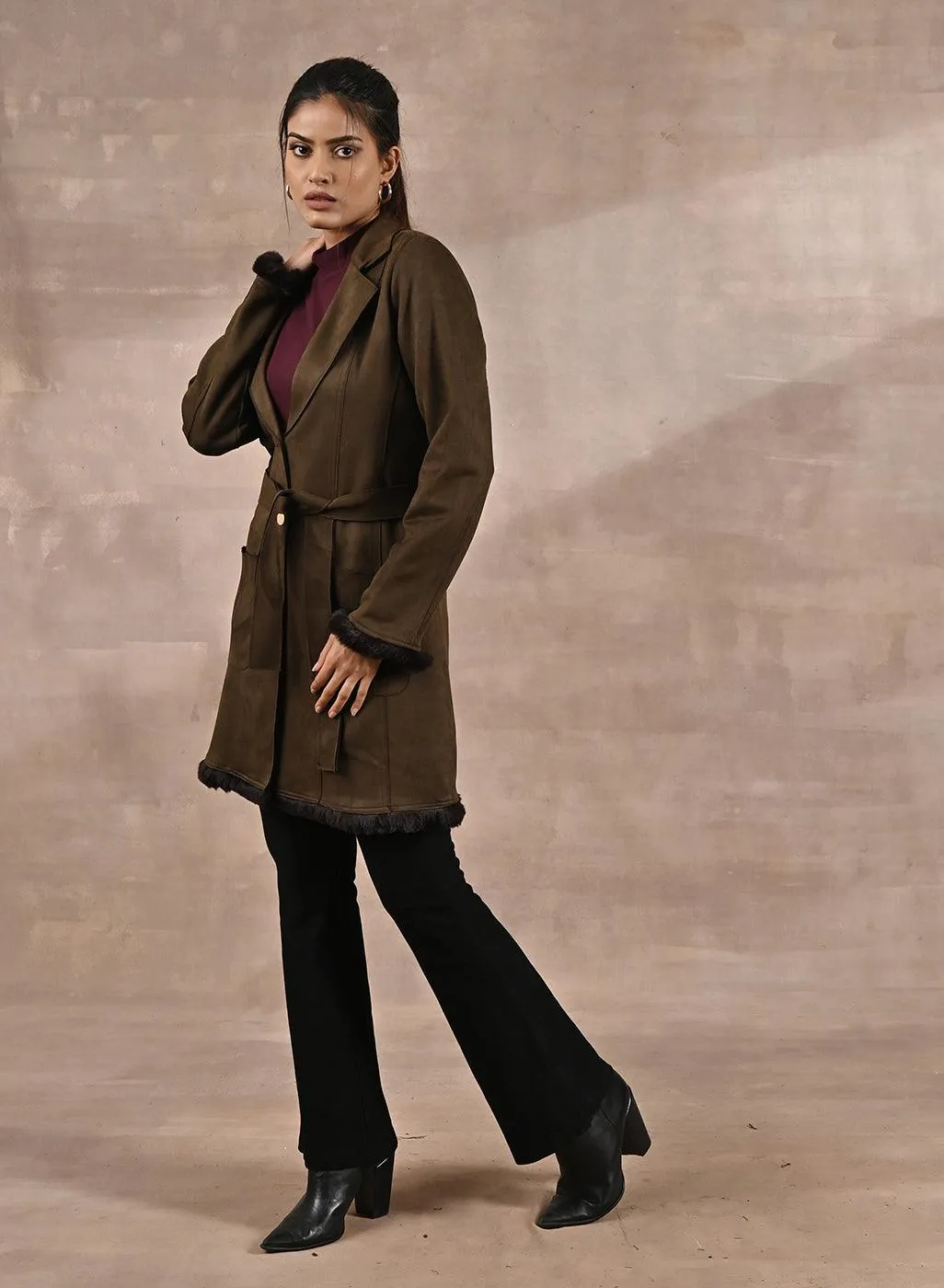 Olive Long Belted Trench Coat with Fur Detailing