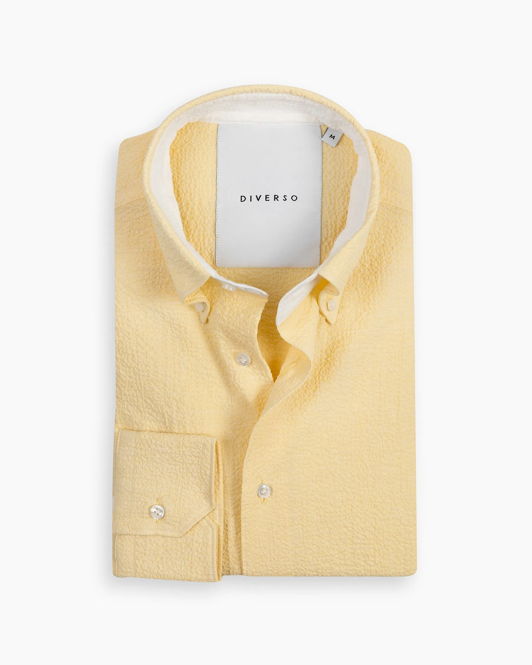 Pale Yellow Crushed Seersucker Button Down Shirt