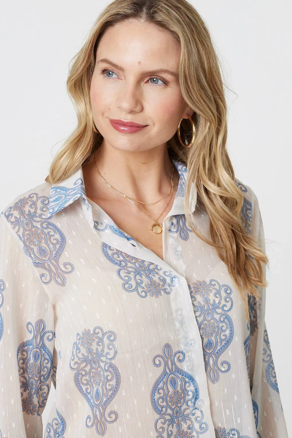 Printed Button Down Tie Front Shirt