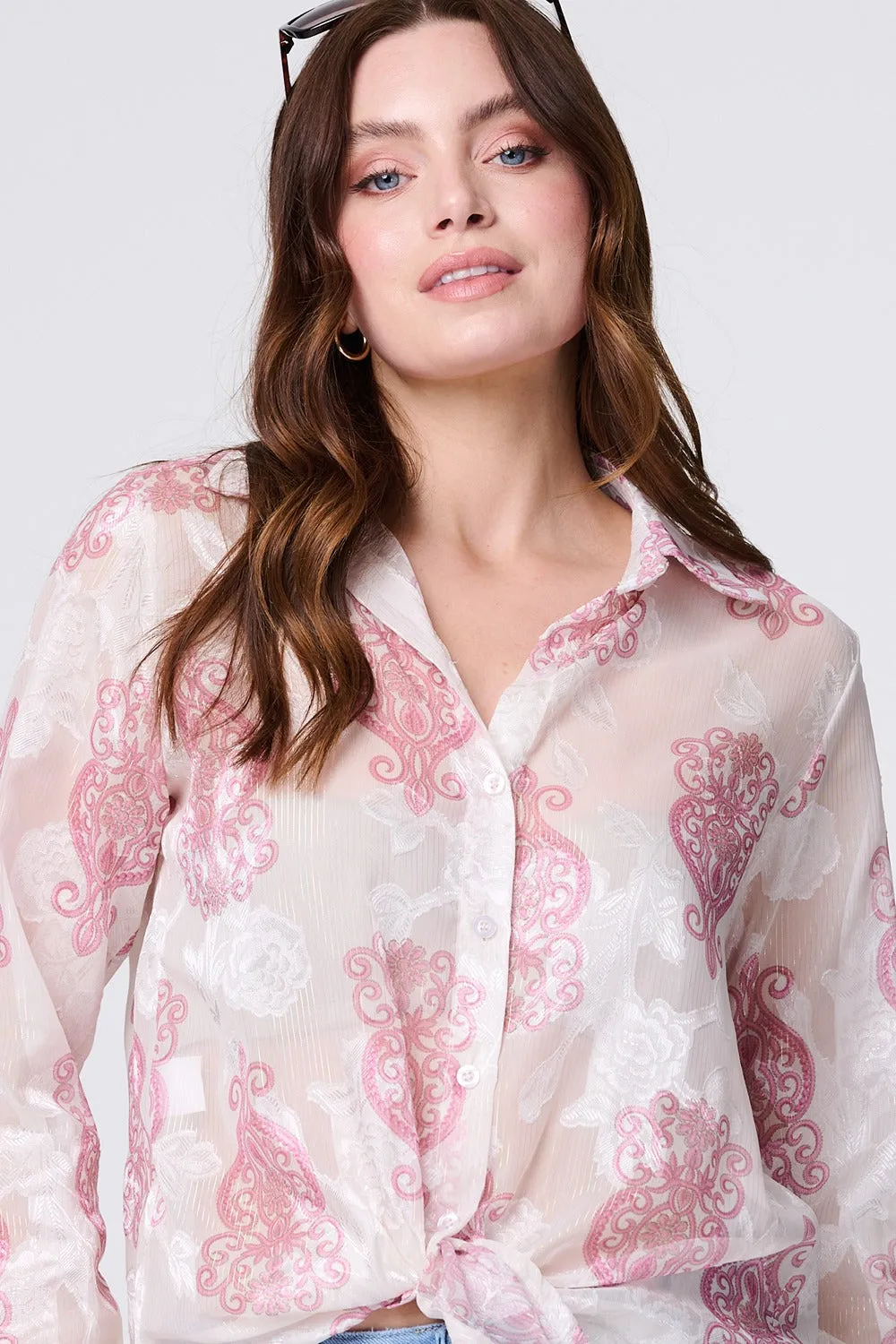 Printed Button Down Tie Front Shirt