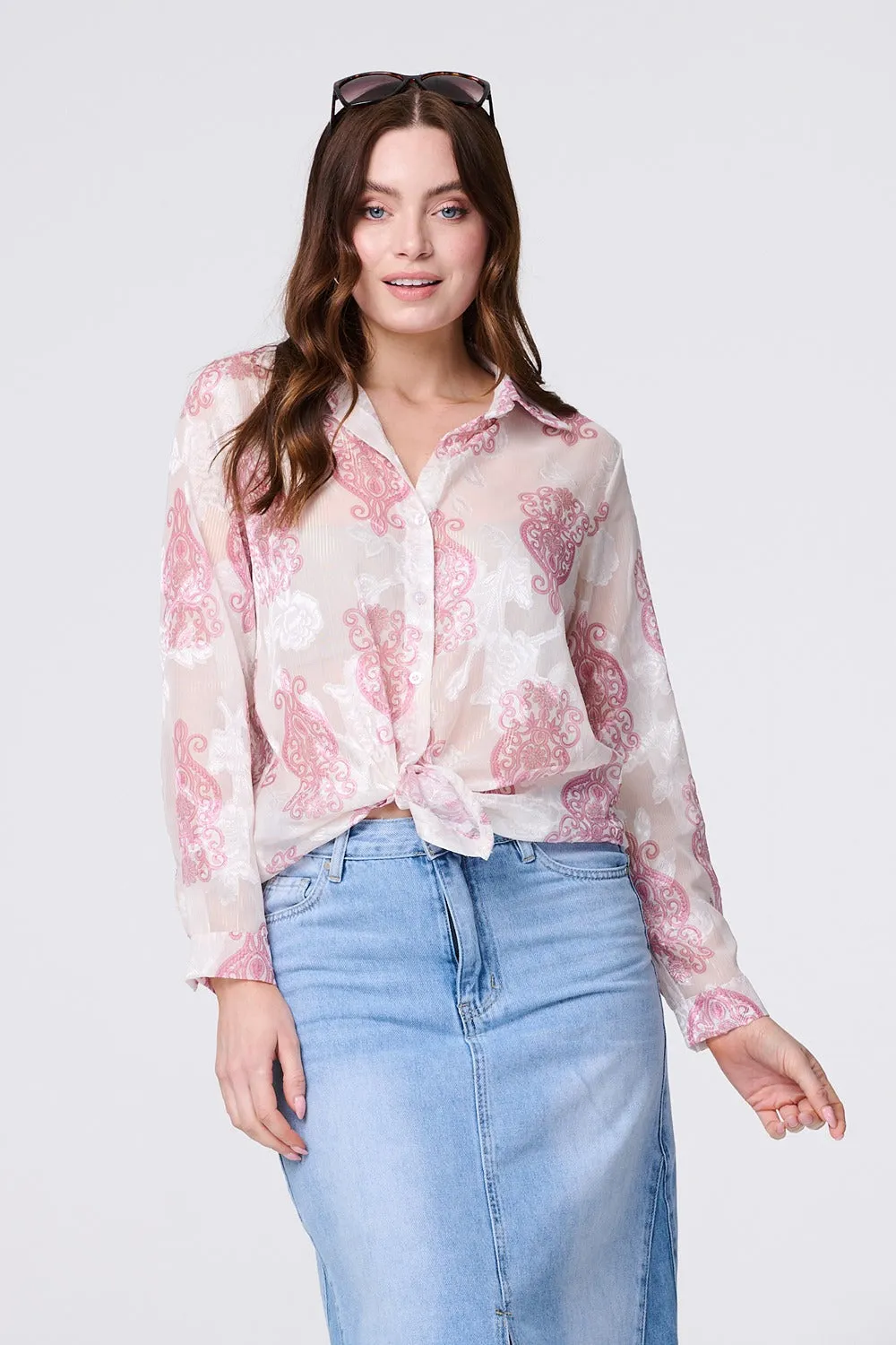 Printed Button Down Tie Front Shirt