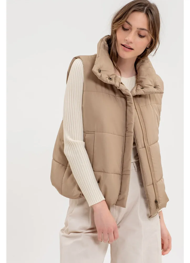 Solid Zip Up Puffer Vest in Mocha by Blu Pepper