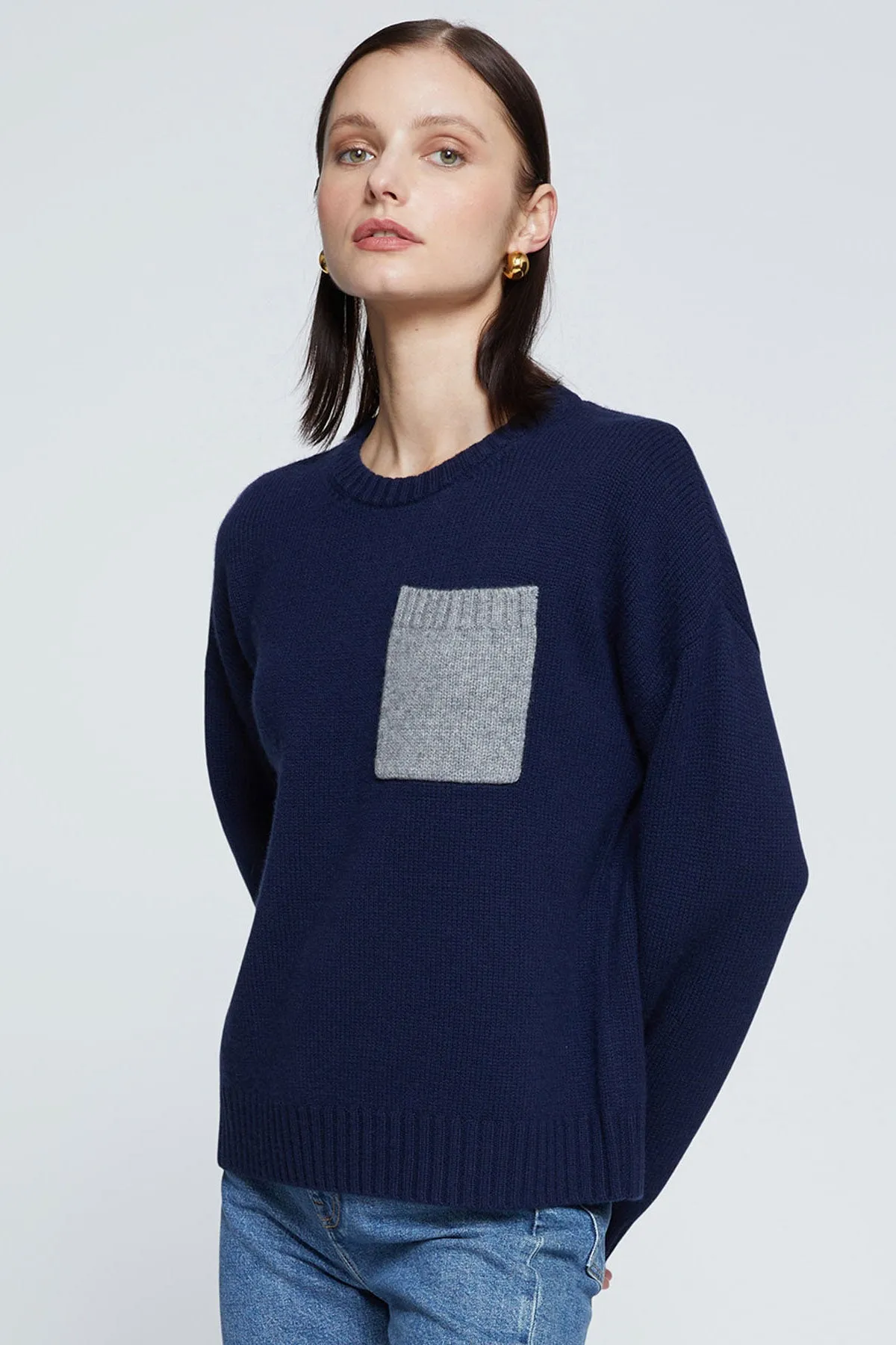 Stateside Colorblock Pocket Crew Sweater in New Navy