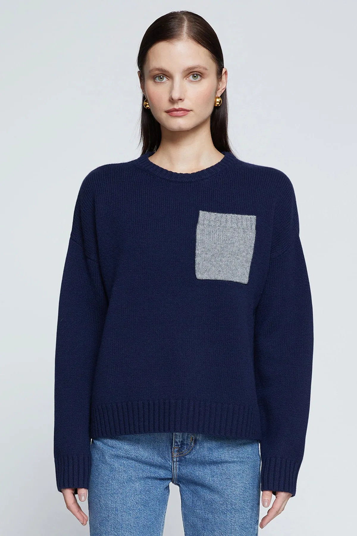 Stateside Colorblock Pocket Crew Sweater in New Navy