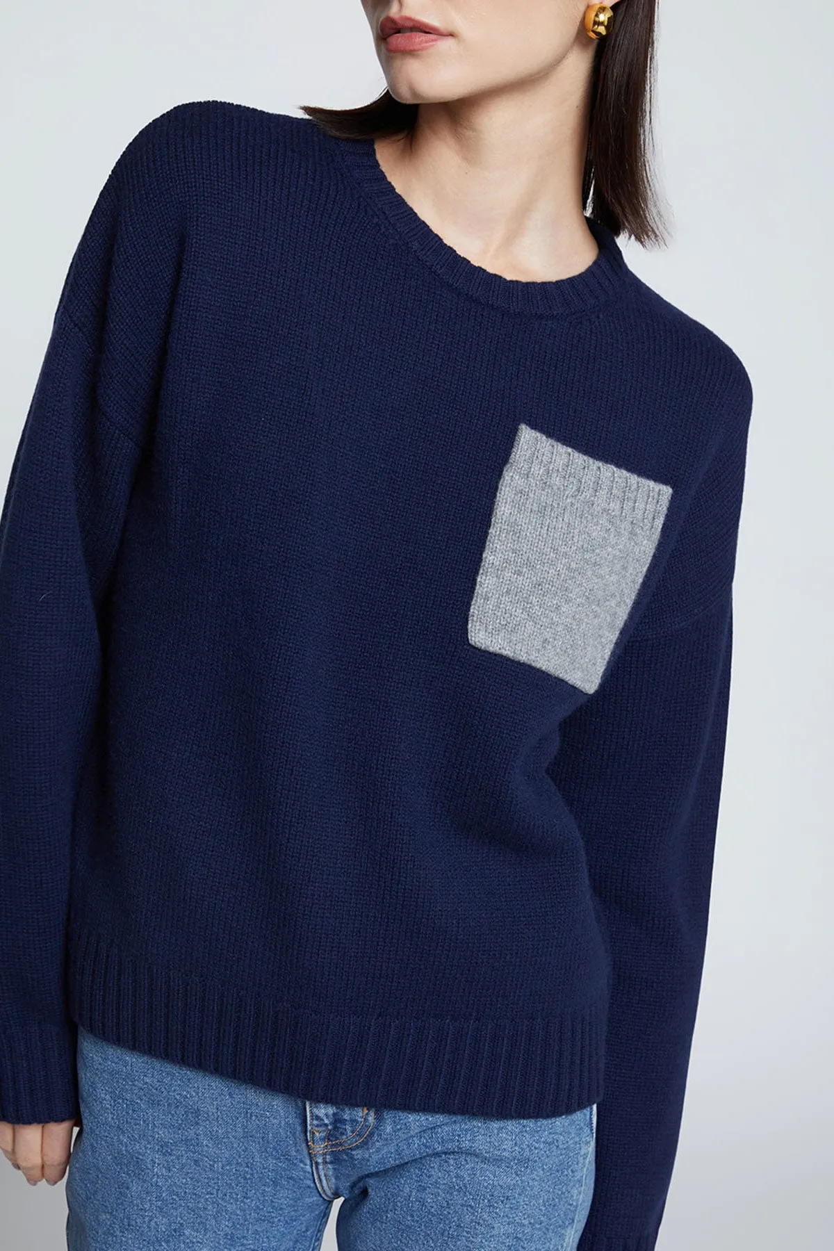 Stateside Colorblock Pocket Crew Sweater in New Navy