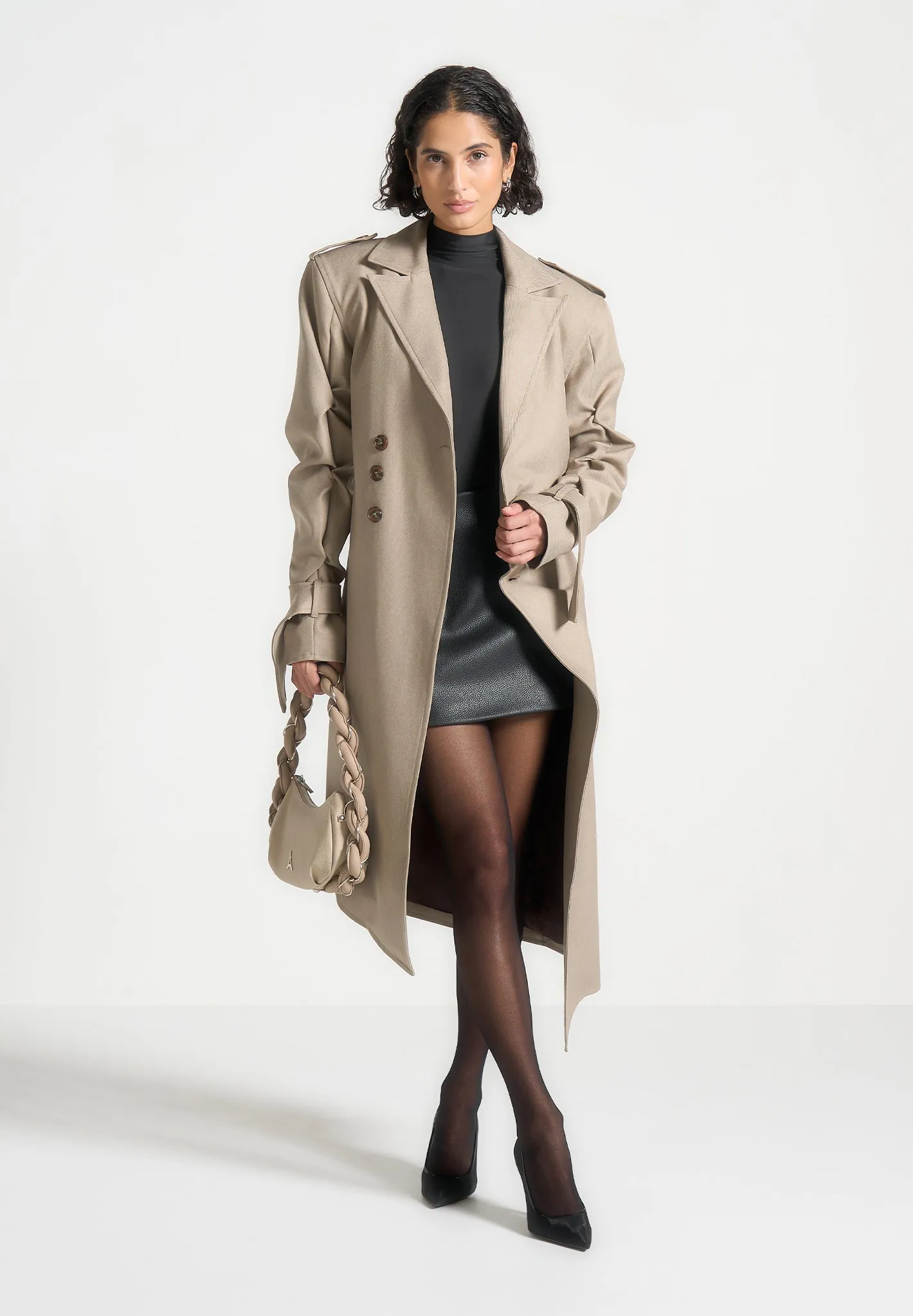 Tacked Sleeve Asymmetric Tailored Trench Coat - Beige