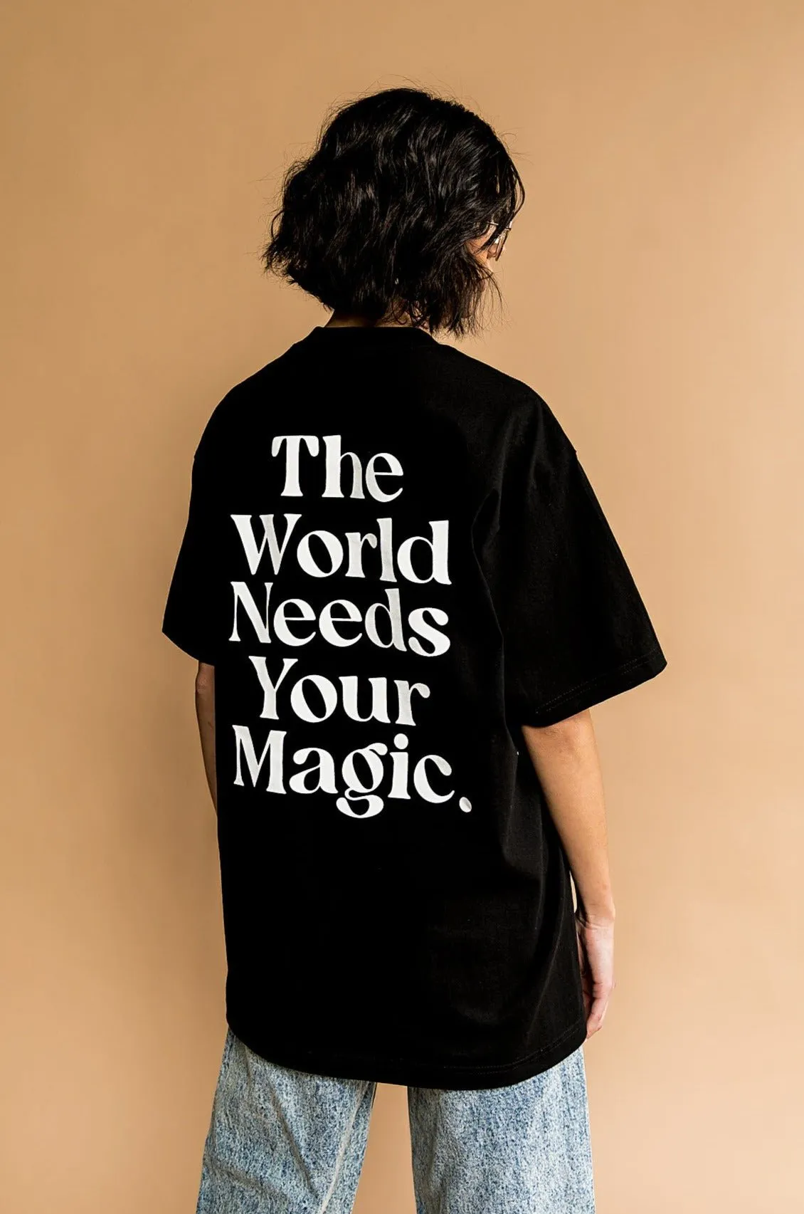 The World Needs Your Magic Oversized Tee in Black   White