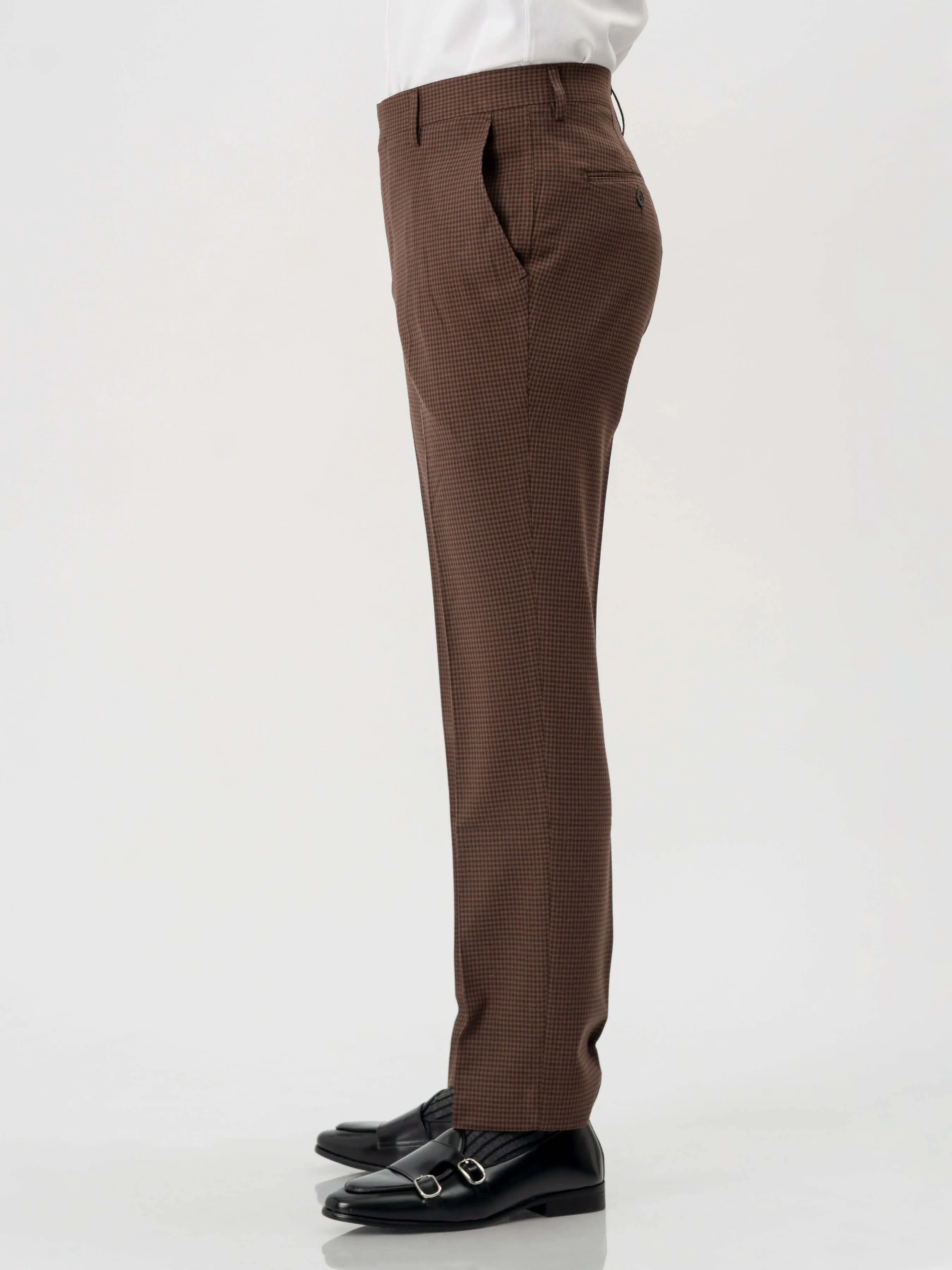 Trousers With Belt Loop - Coffee Plaid (Stretchable)