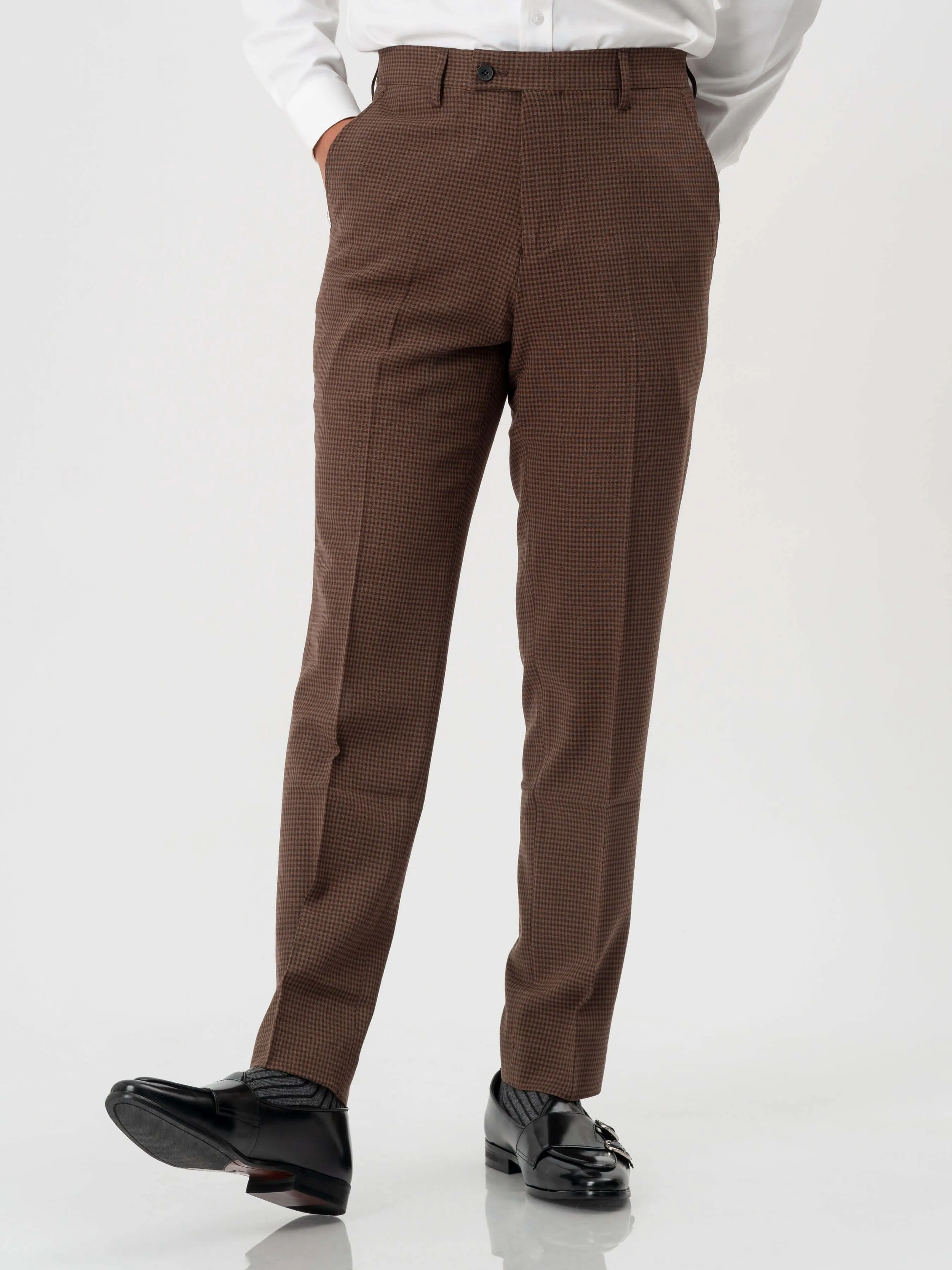 Trousers With Belt Loop - Coffee Plaid (Stretchable)