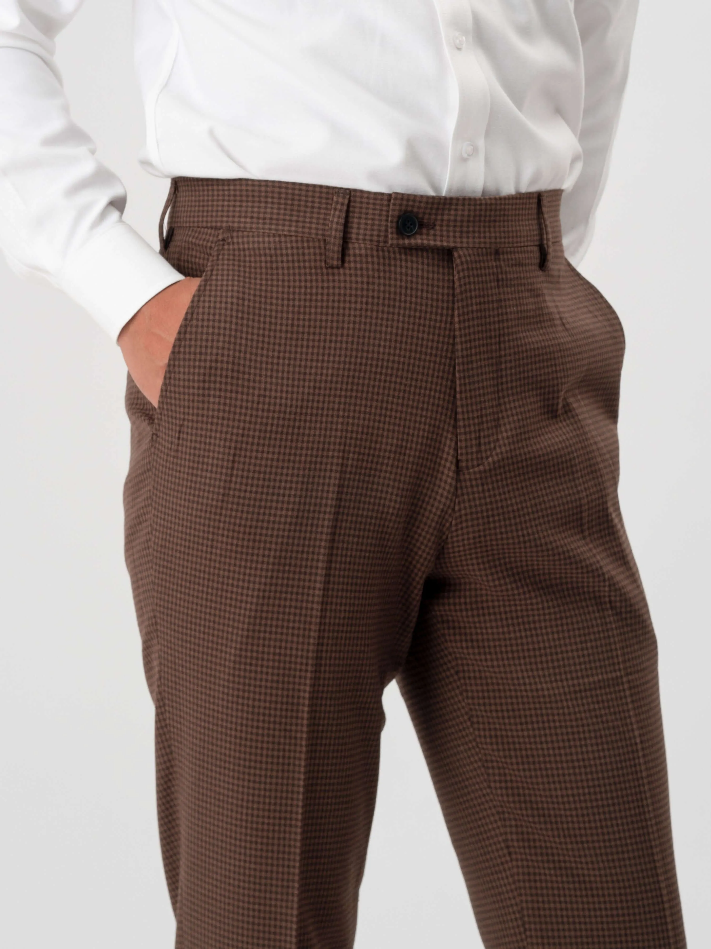 Trousers With Belt Loop - Coffee Plaid (Stretchable)