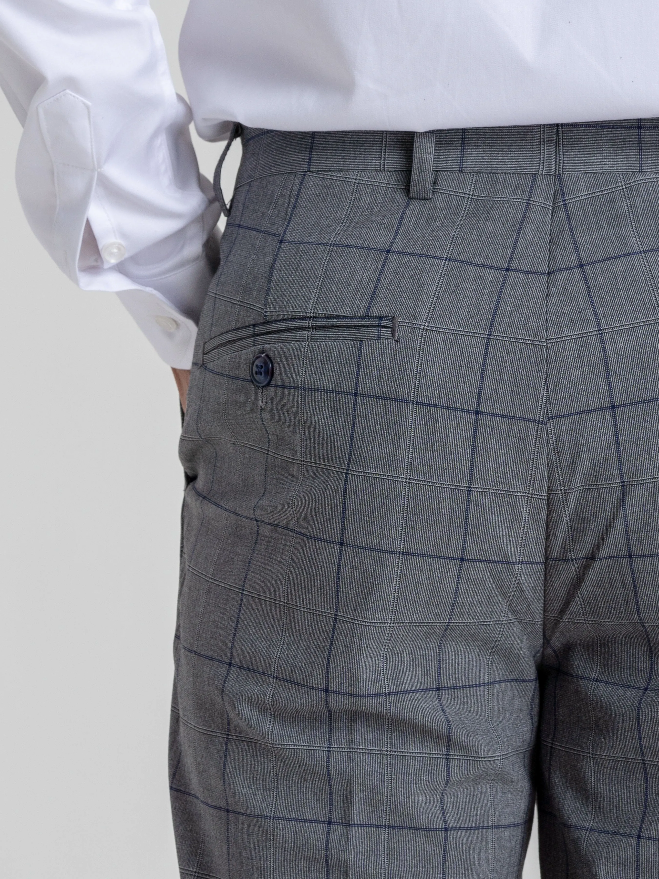 Trousers With Belt Loop - Dark Grey With Blue Line Windowpane Checkered (Stretchable)