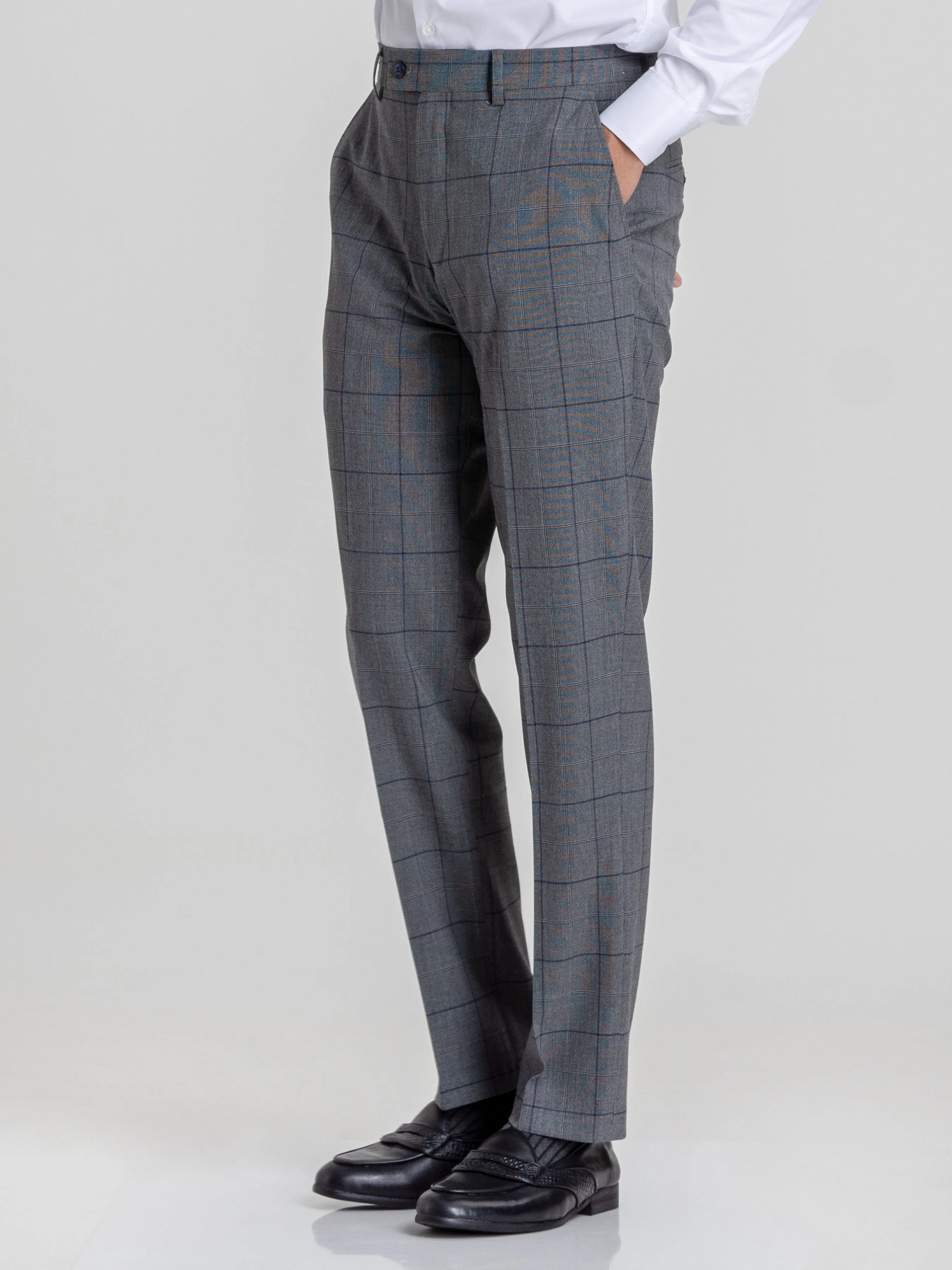 Trousers With Belt Loop - Dark Grey With Blue Line Windowpane Checkered (Stretchable)