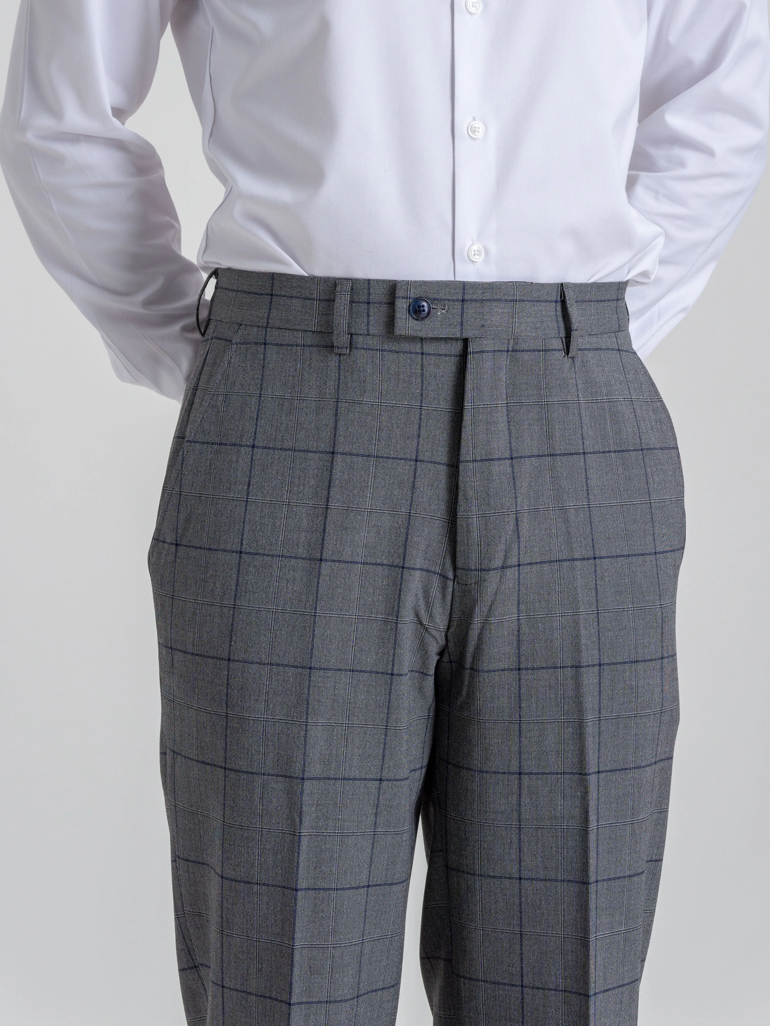 Trousers With Belt Loop - Dark Grey With Blue Line Windowpane Checkered (Stretchable)