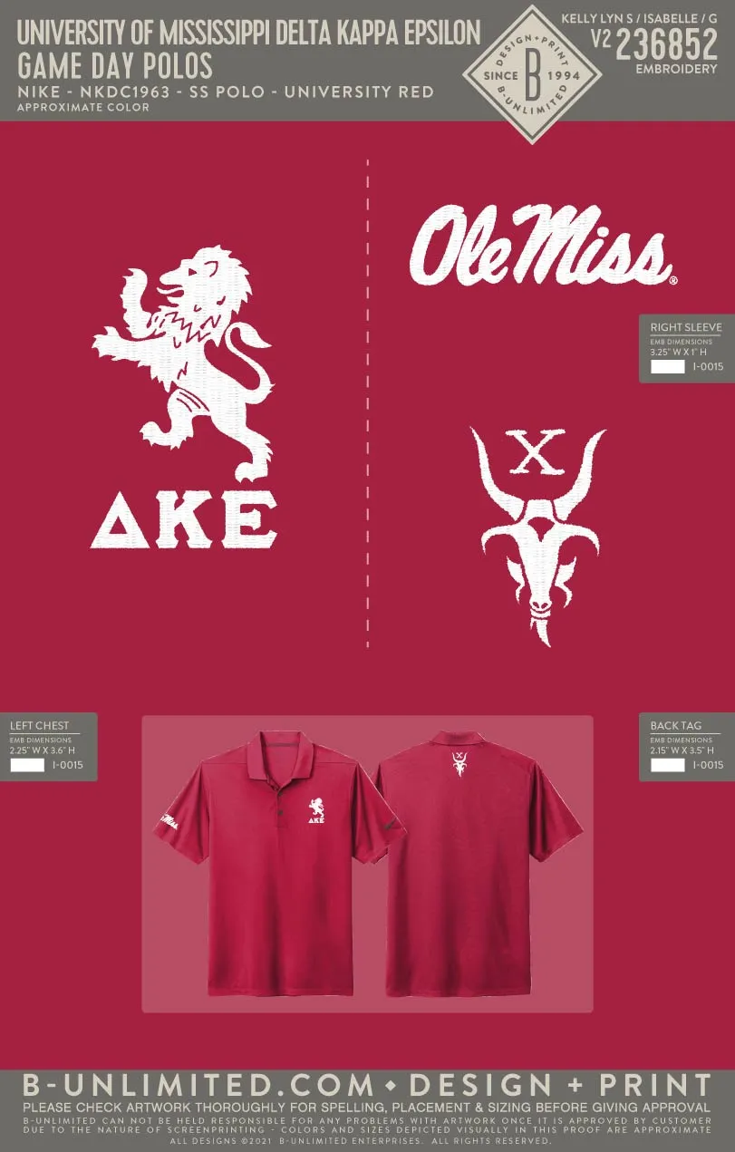 University of Mississippi Delta Kappa Epsilon - Game day polos - Nike - NKDC1963 - SS Polo - University Red