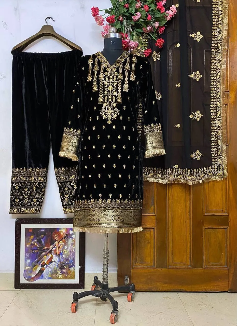 Velvet Black Party wear Kurti Plazo Suit