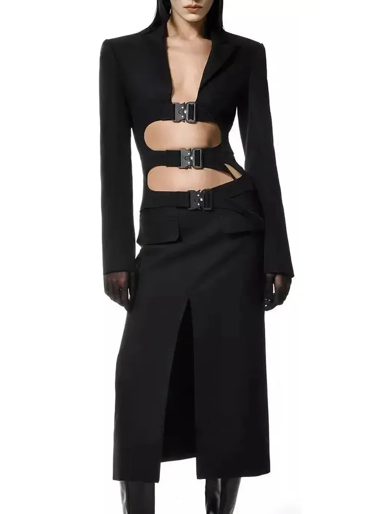 Women’s Buckled-Open-Front Trench and Skirt Set