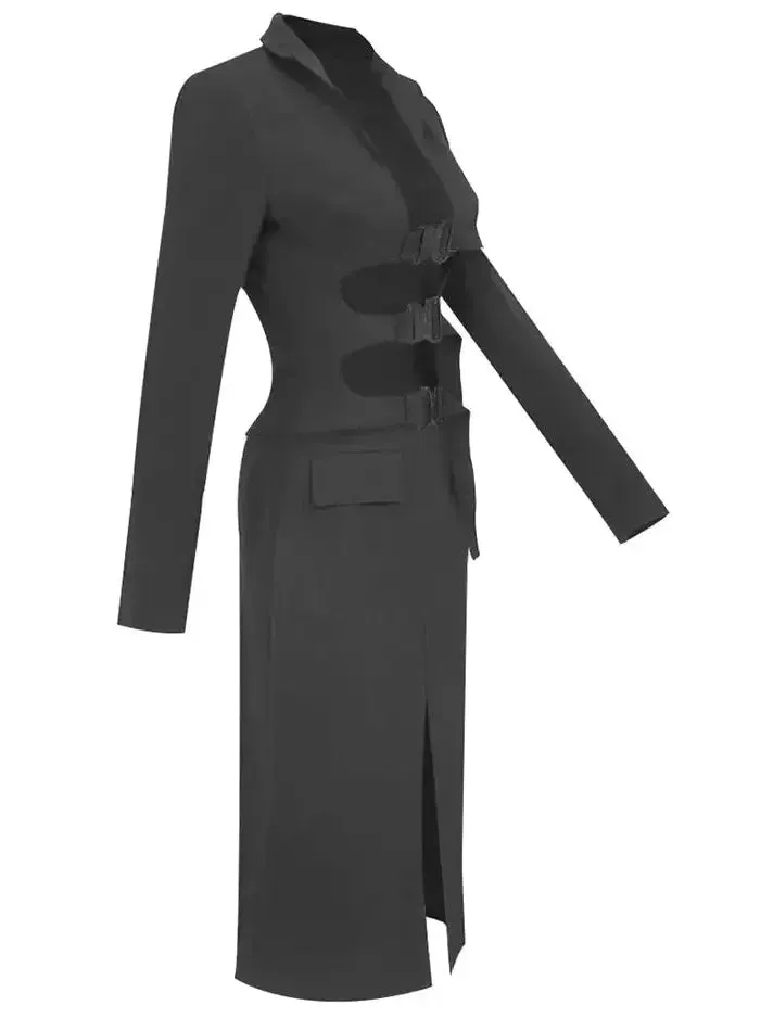 Women’s Buckled-Open-Front Trench and Skirt Set