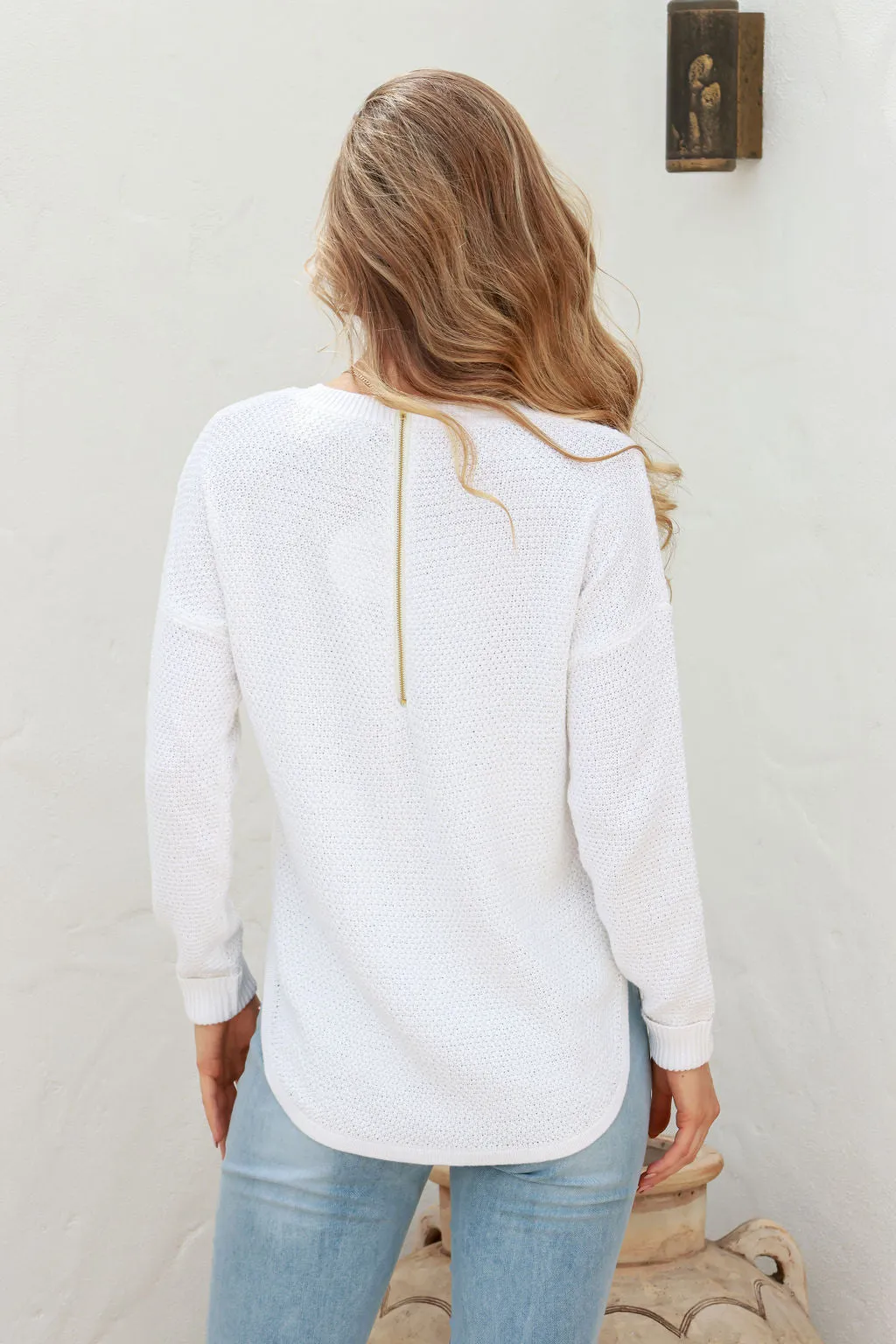 Zip Back Cotton Knit Jumper - Winter White